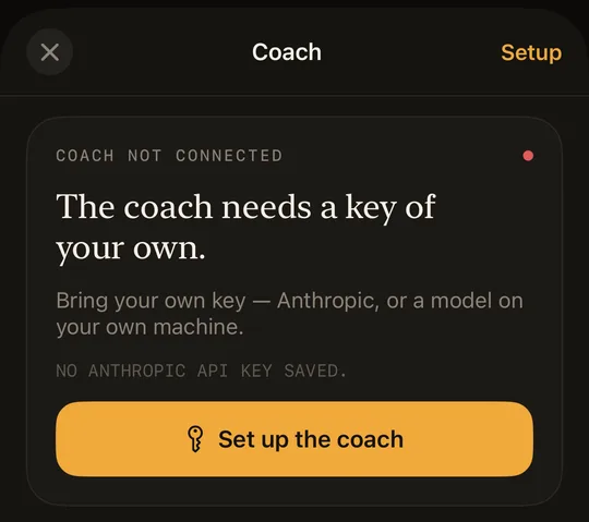 Velisa's coach sheet: the coach asks for a key of your own — bring-your-own-key, so conversations never route through Velisa.