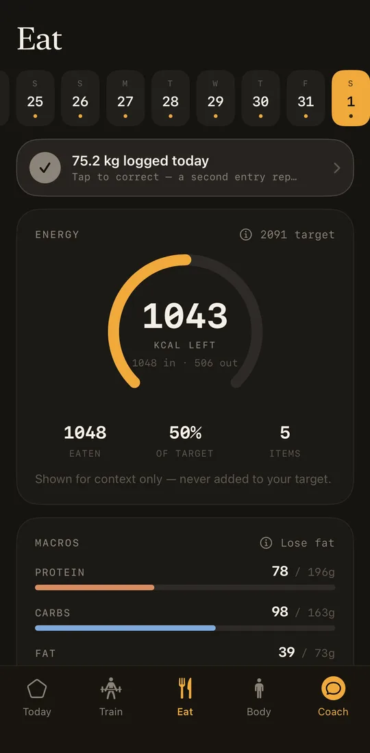 Velisa's Eat tab: food logging with macros, drawing on the bundled offline food database.