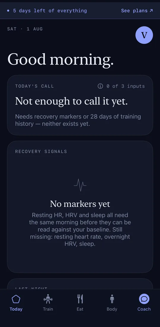 Velisa in the Indigo theme on day one: an honestly empty state, nothing pre-filled.